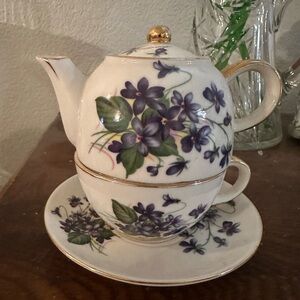 Vintage Tea for One Set with Purple Violas and Gold Trim